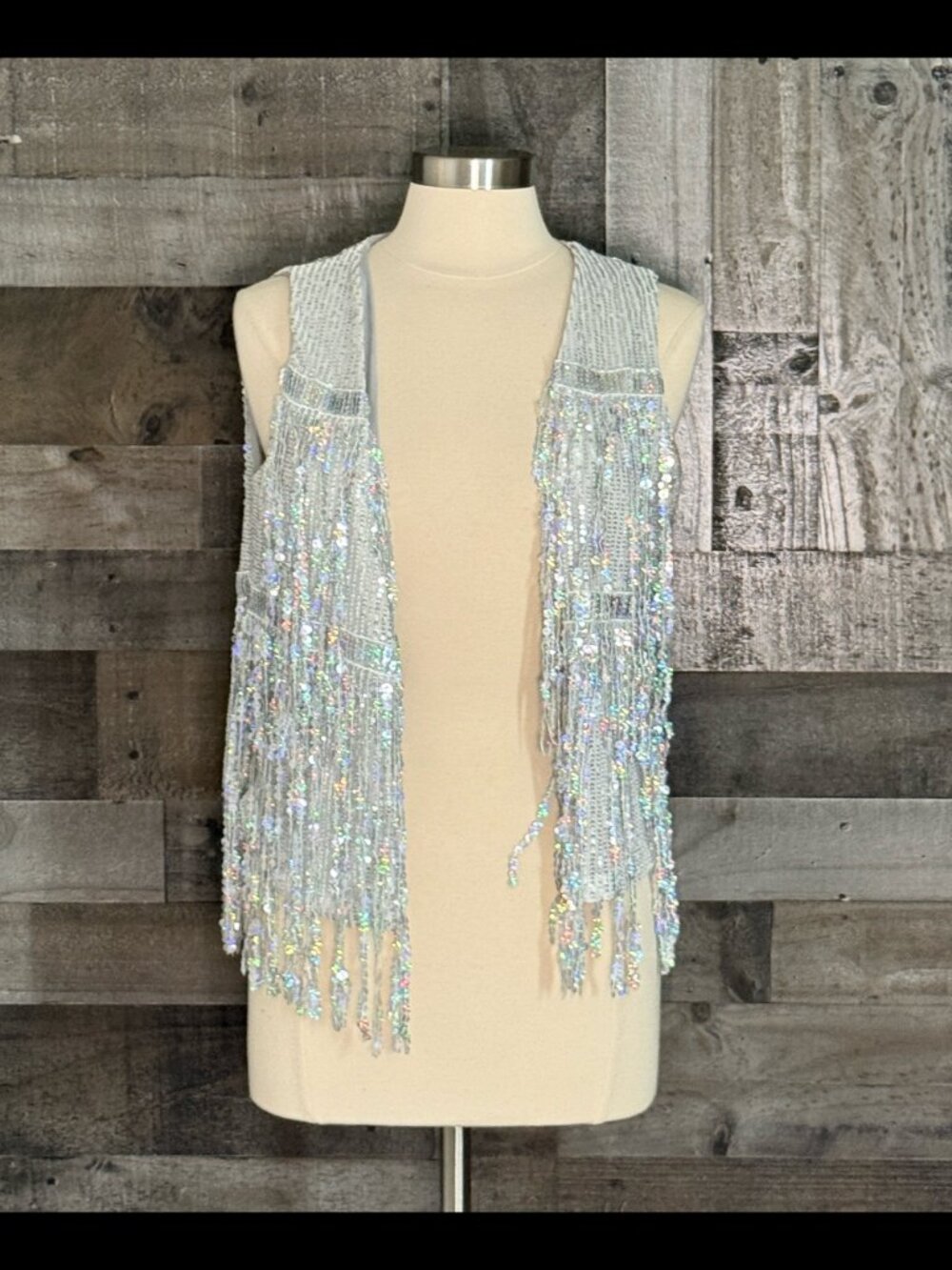 Silver iridescent sequin fringe vest small hippie Halloween costume festival